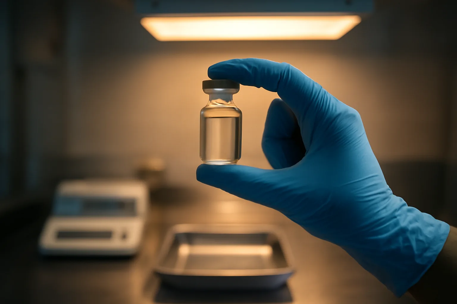 Gloved hand inspecting an unlabeled compounded vial on a pharmacy bench