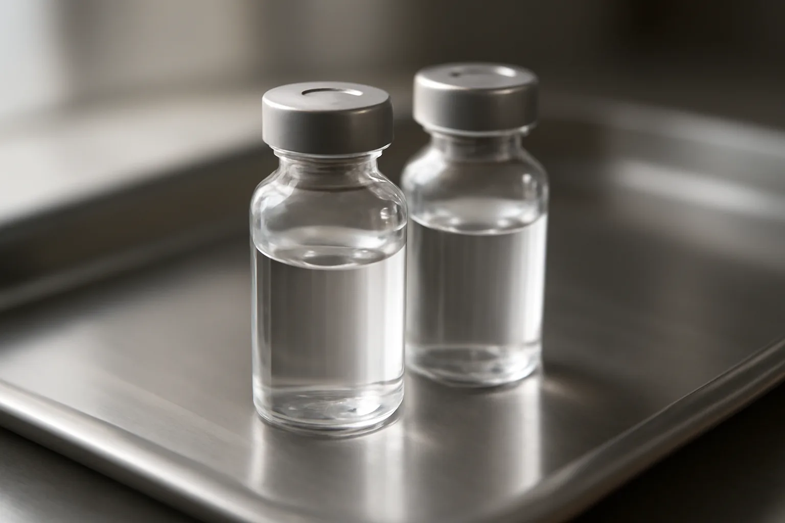 Two unlabeled peptide vials on a steel tray representing CJC-1295 DAC versus no-DAC comparison