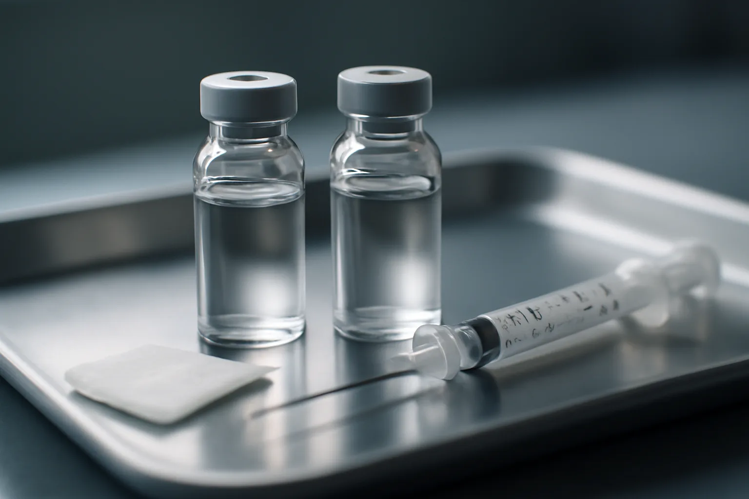 Two unlabeled peptide vials and a syringe on a steel lab tray