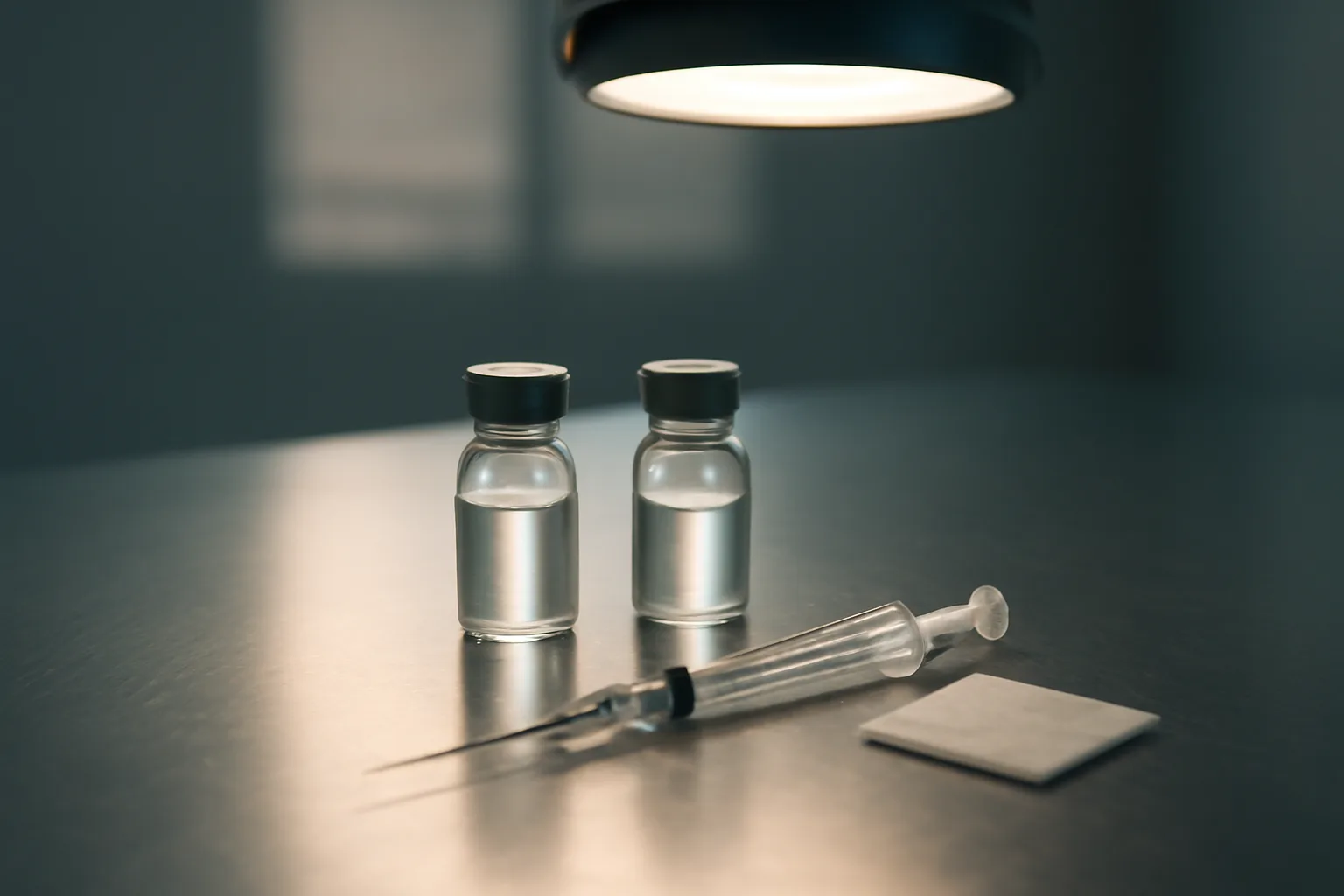 Two peptide vials and a syringe on a steel lab bench, comparing CJC-1295 vs GHRP-6