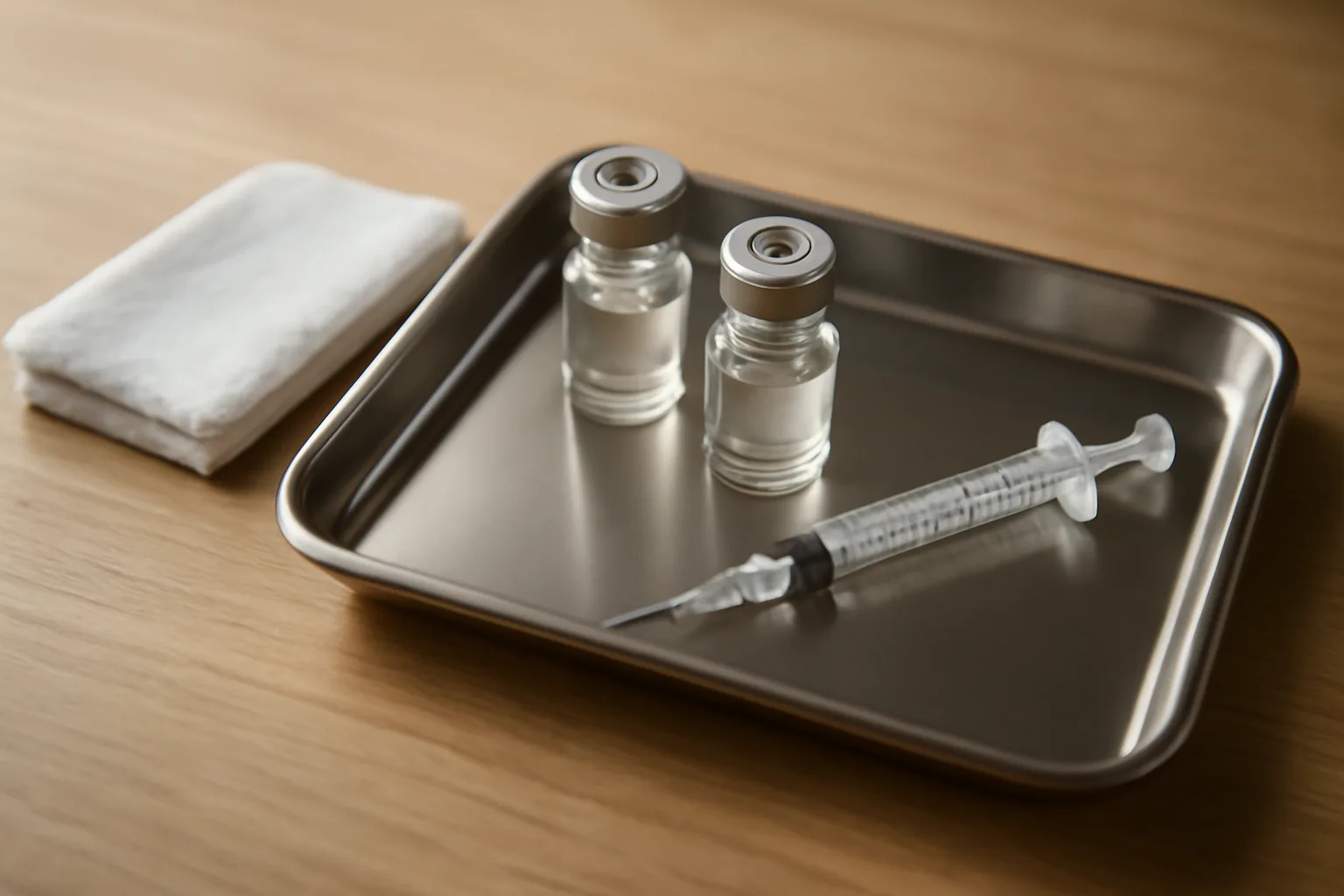 Two unlabeled glass vials and a syringe on a steel tray, comparing CJC-1295 vs HGH