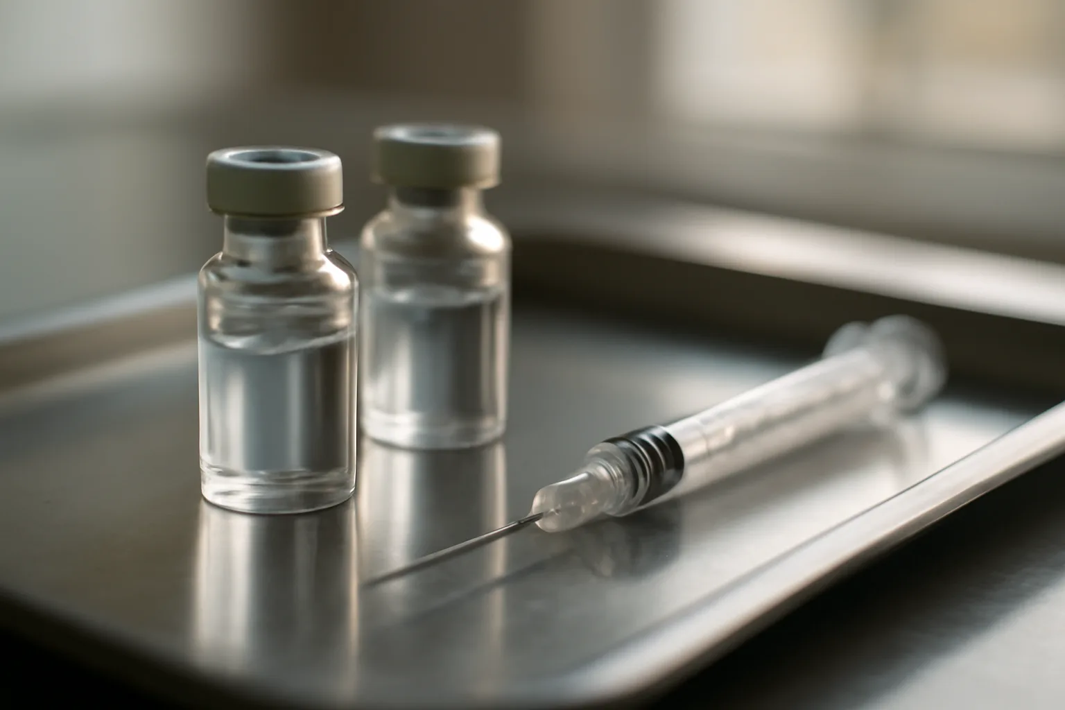 Two peptide vials and a syringe on a steel tray, comparing CJC-1295 and ipamorelin