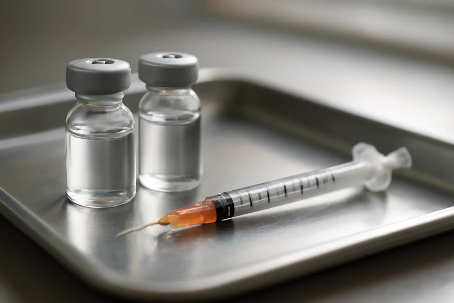 Two unlabeled peptide vials beside a syringe illustrating CJC-1295 vs mod GRF 1-29 comparison