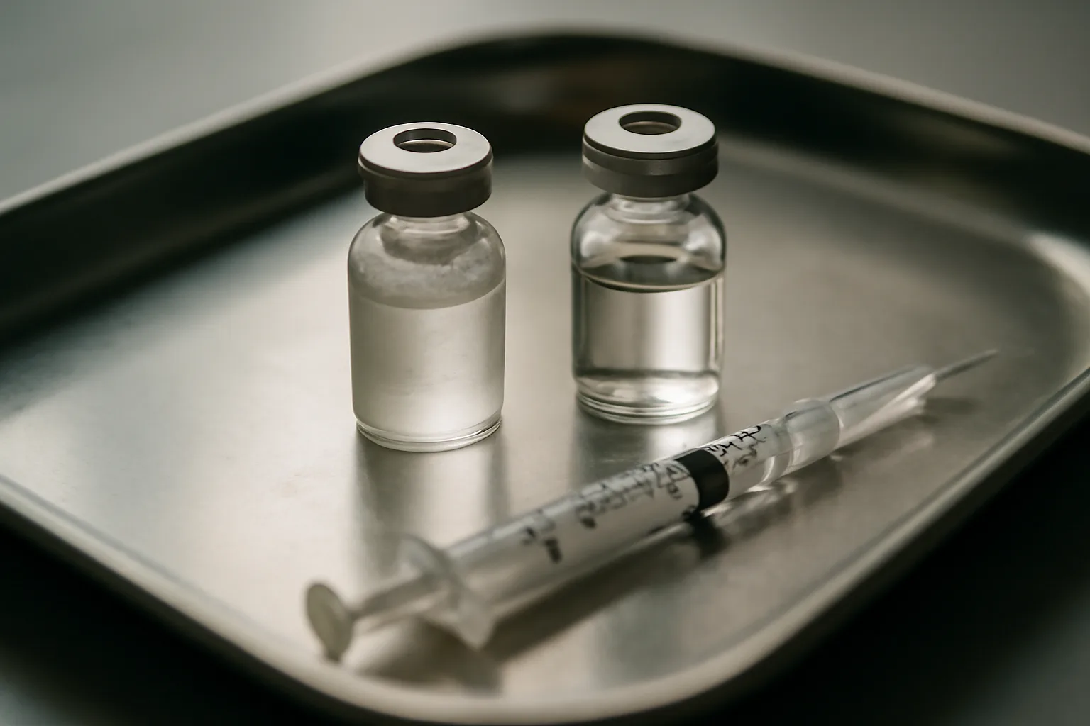 Two peptide vials and a syringe on a steel tray comparing CJC-1295 vs sermorelin