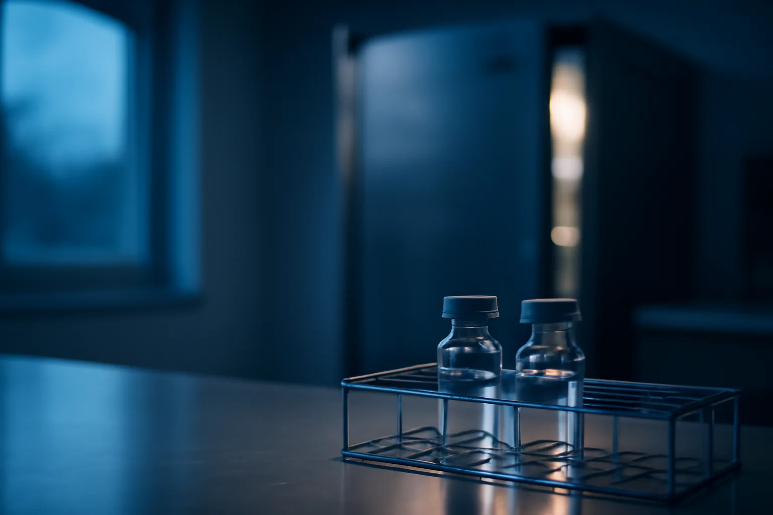 Two peptide vials in a lab rack representing CJC-1295 vs tesamorelin comparison