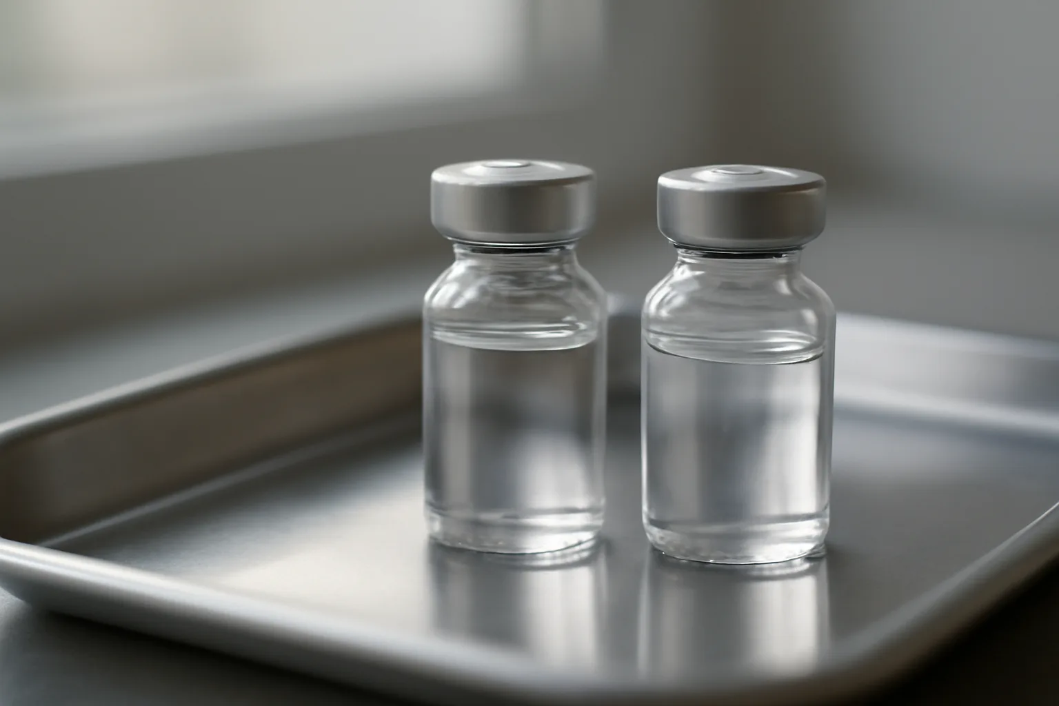 Two unlabeled peptide vials on a steel tray comparing CJC-1295 with DAC vs without DAC