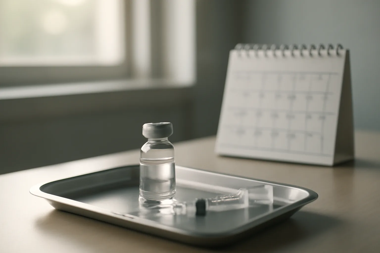 Vial, syringe, and marked calendar on a clinical desk representing a CJC-1295 cycle length schedule