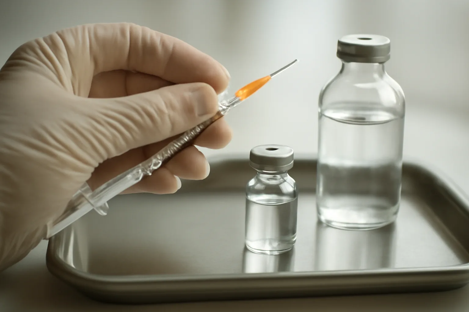 Gloved hand drawing liquid into an insulin syringe beside a vial for dosage measurement