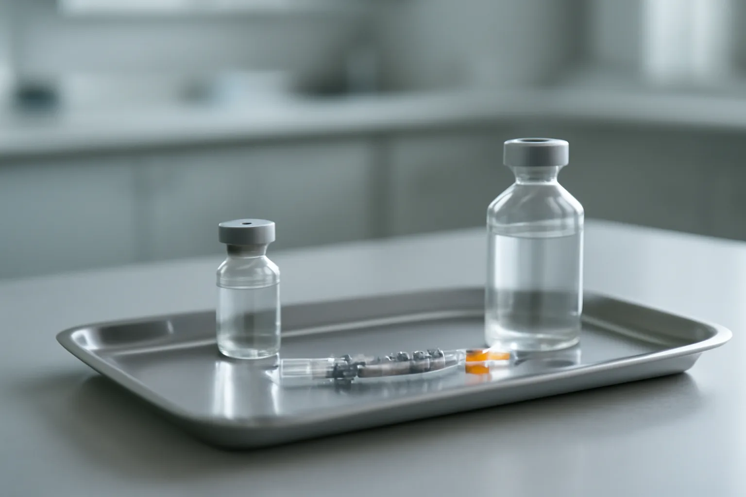 Insulin syringe and vial on a lab tray, illustrating CJC-1295 dosage calculator math