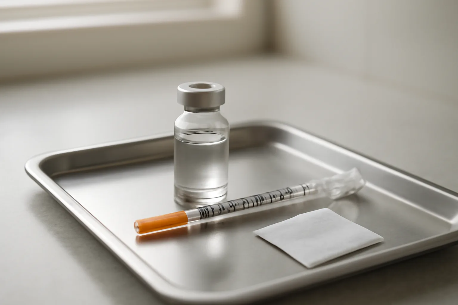Vial and insulin syringe on a steel tray representing CJC-1295 dosage preparation
