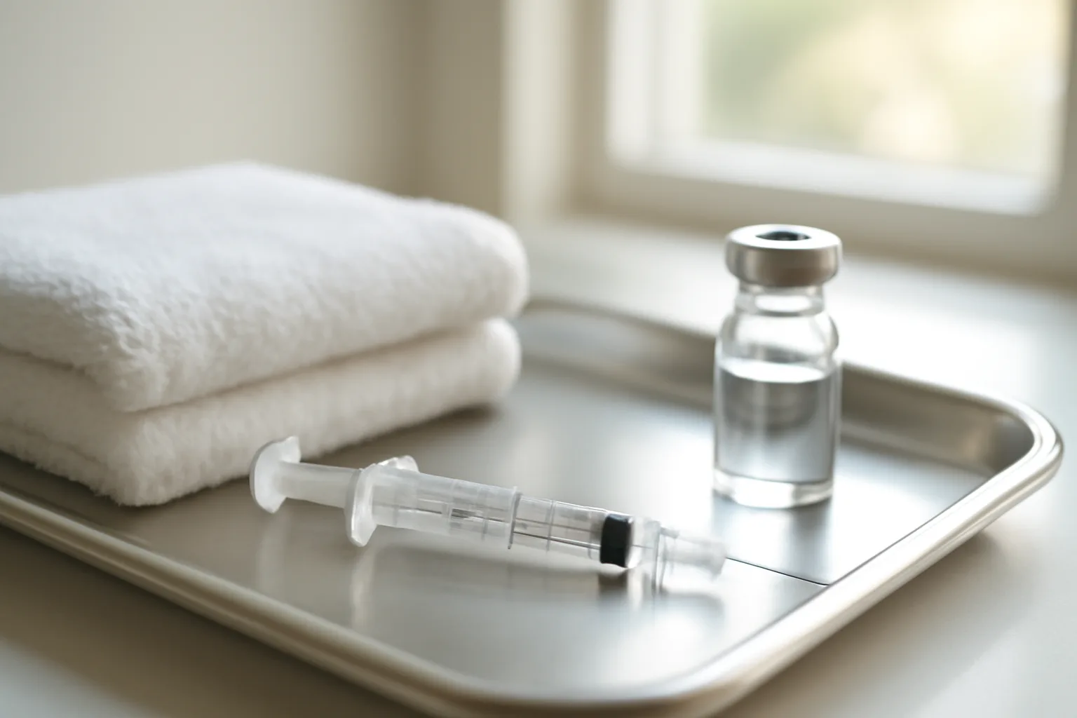 Vial and syringe on a steel tray, representing CJC-1295 for beginners guide