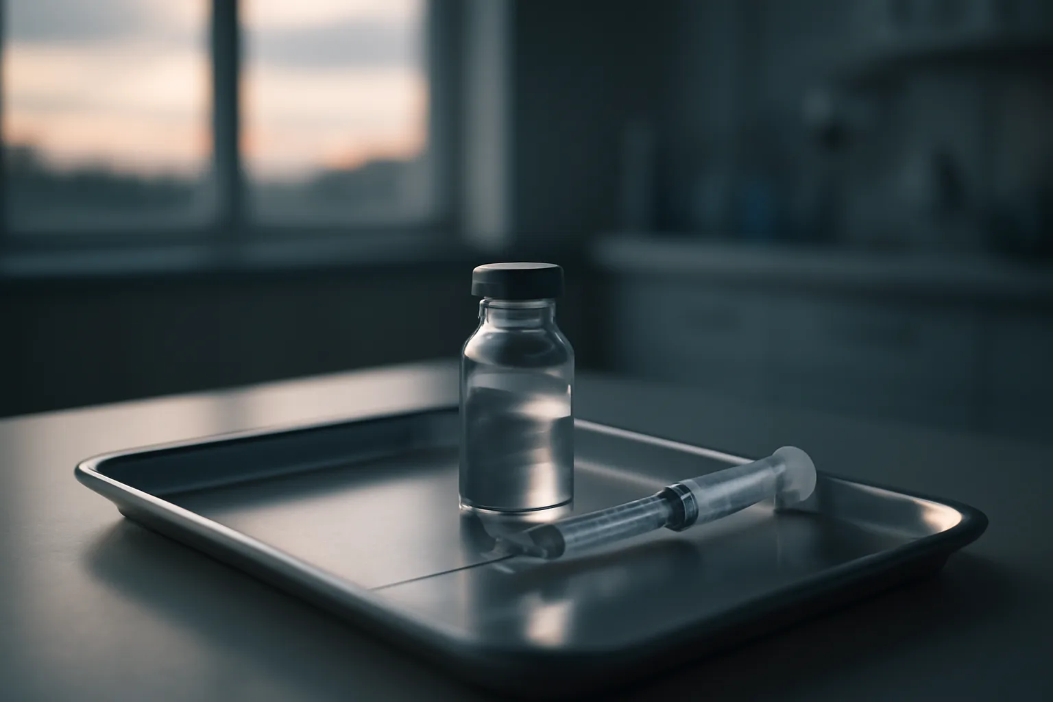 Vial and syringe on a steel tray illustrating CJC-1295 half life dosing timing
