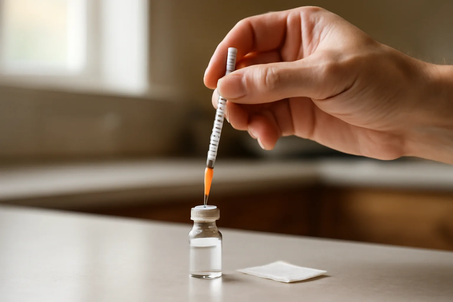 Hand preparing an insulin syringe for a subcutaneous CJC-1295 injection at home