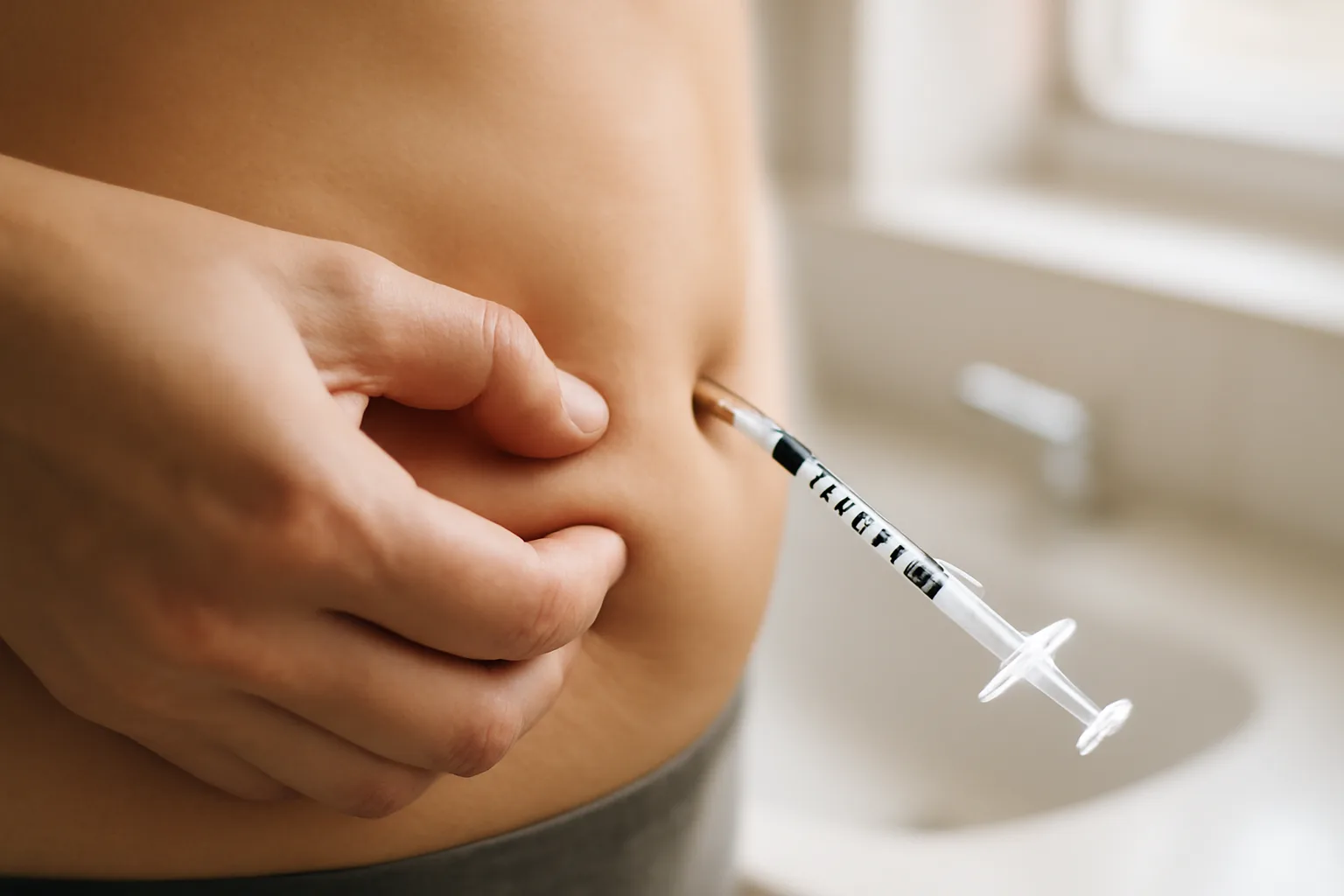 Hand pinching abdominal skin before a subcutaneous CJC-1295 injection site
