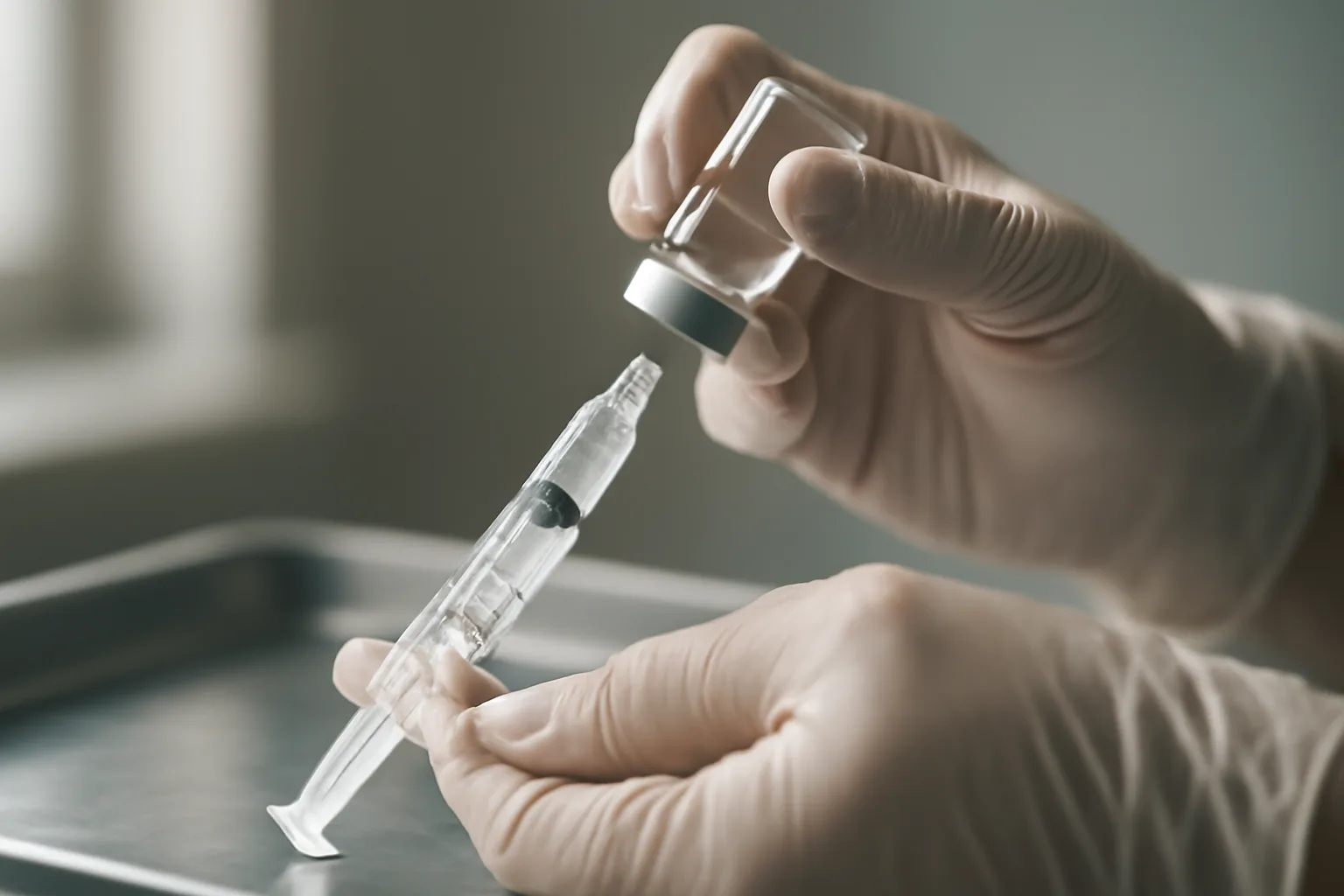 Gloved hands reconstituting a peptide vial with a syringe on a steel tray