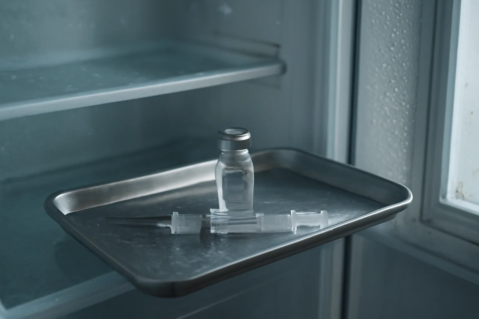 Glass peptide vial and syringe stored on a tray inside a refrigerator