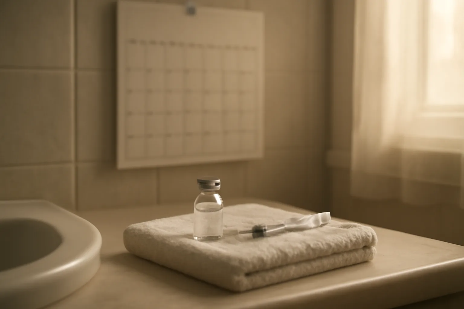 Vial and syringe on a bathroom counter beside a weekly calendar in morning light
