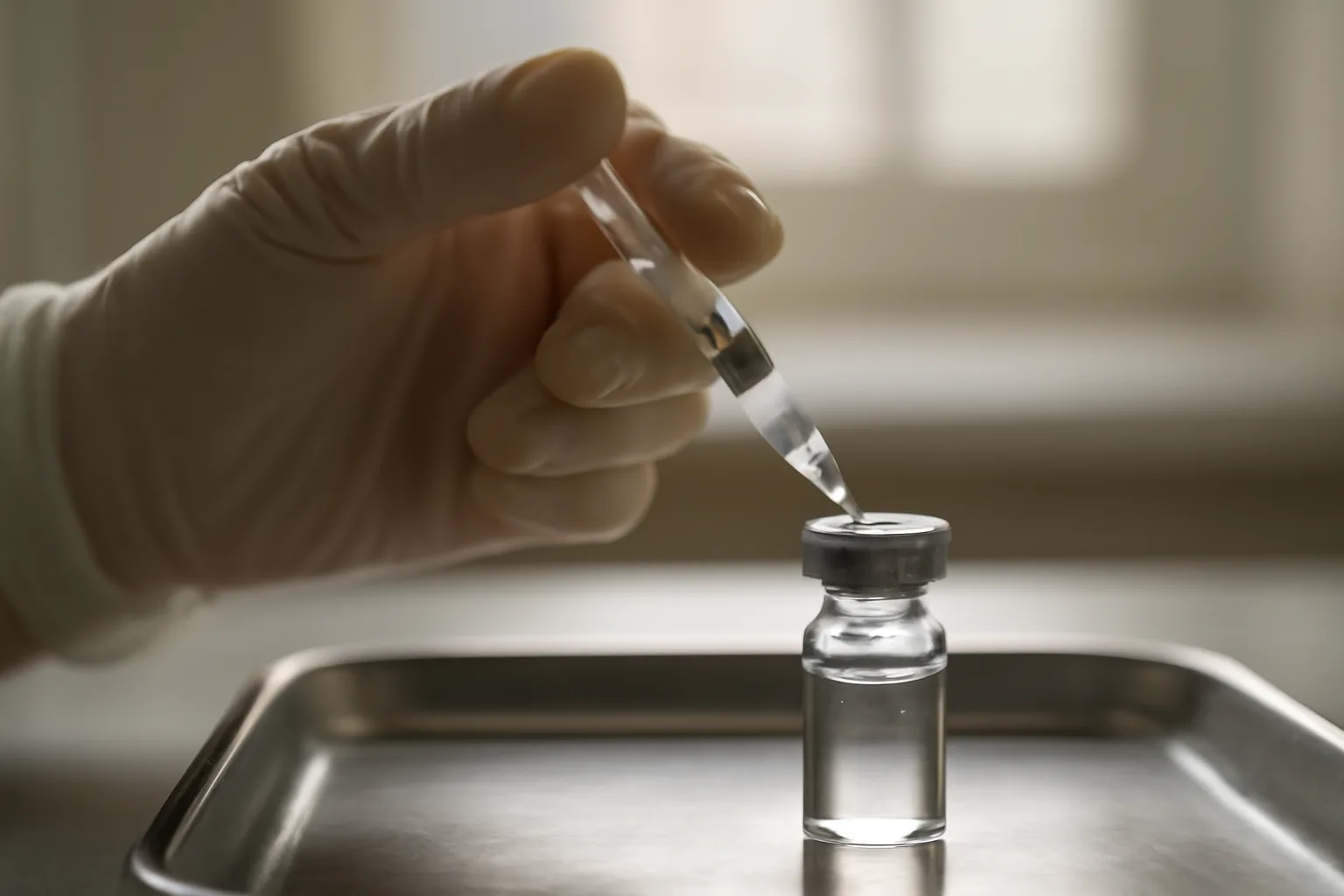 Gloved hands reconstituting CJC-1295 peptide vial with bacteriostatic water