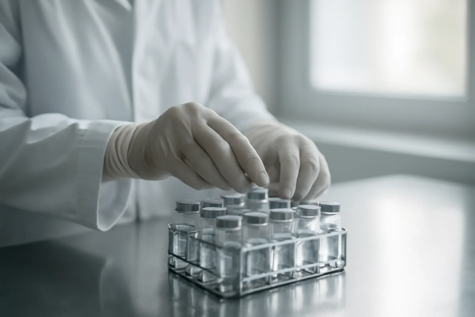 Gloved hands arranging glass vials in a compounding pharmacy, representing CJC-1295 alternatives