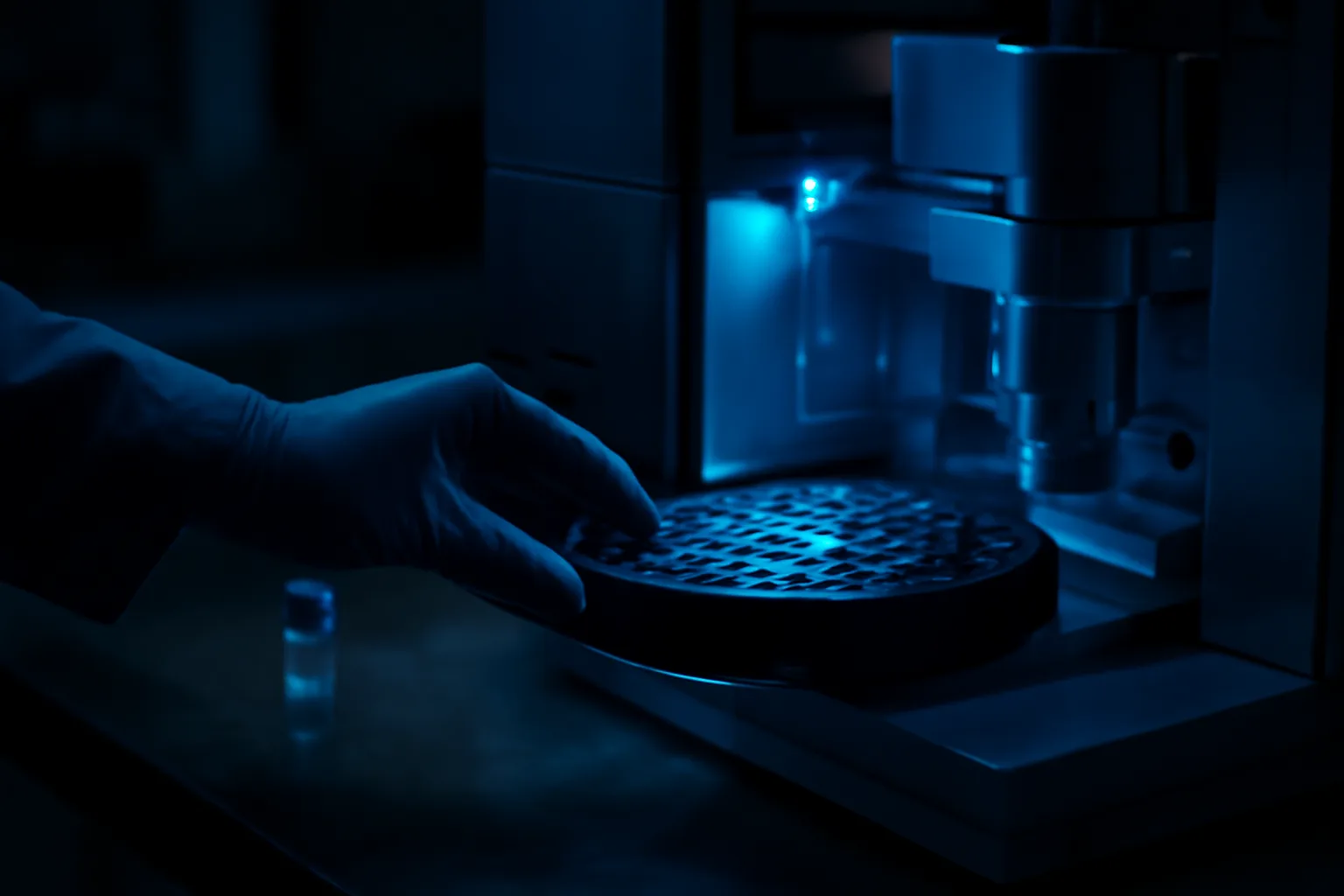 Lab technician's gloved hand adjusting sample tray on mass spectrometer used for drug testing
