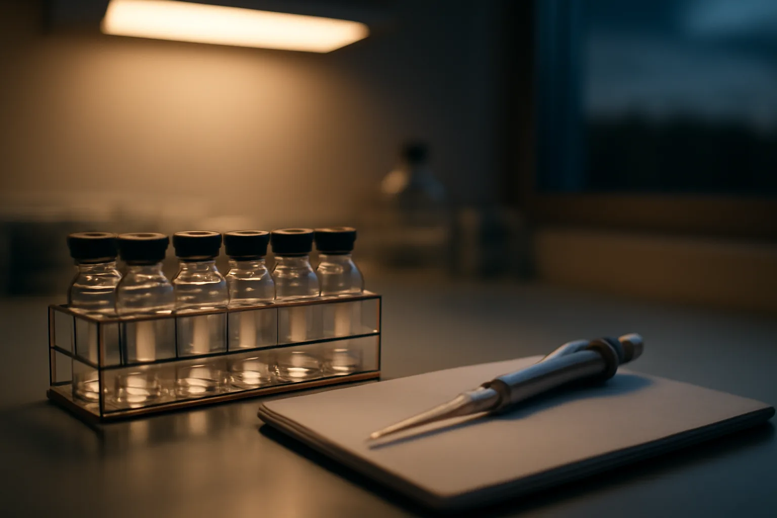 Lab bench with vials and pipette representing CJC-1295 research evidence