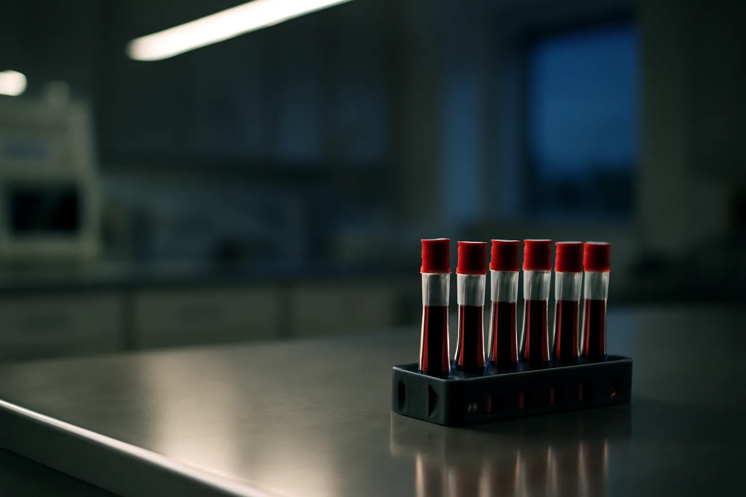 Lab bench with blood sample vials, evoking CJC-1295 clinical trial research setting