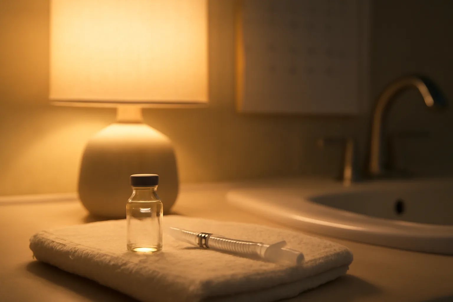 Vial and syringe on a towel at night, representing a CJC-1295 first month routine