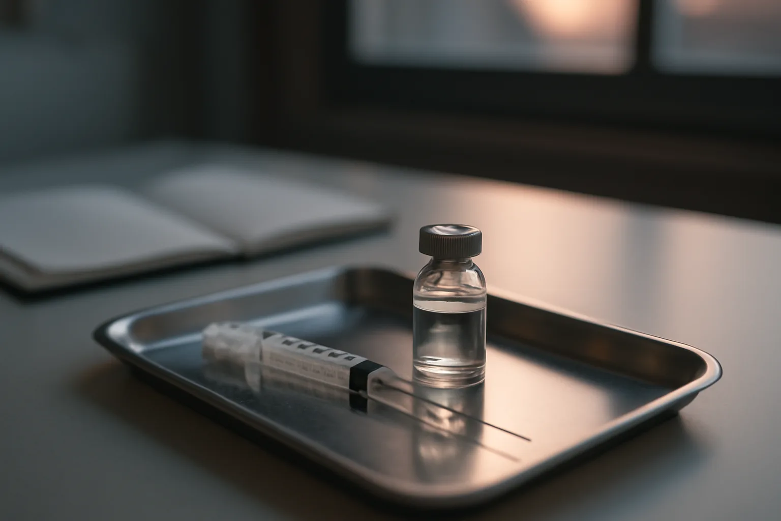 Vial and syringe on a steel tray representing CJC-1295 research peptide questions