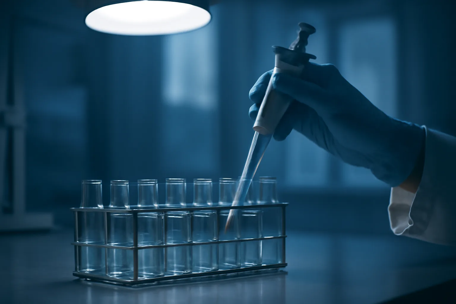 Researcher's gloved hand adjusting lab equipment near vials, evoking CJC-1295 human studies research setting