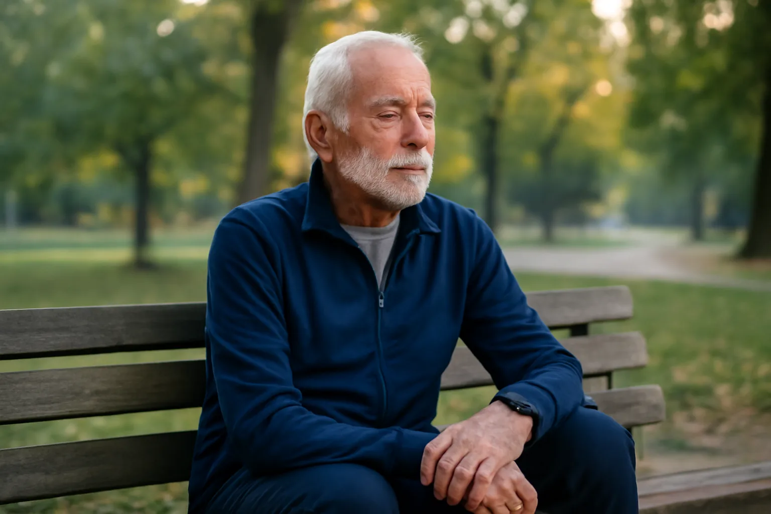 Older man resting on a bench after exercise, illustrating aging and GH decline topic