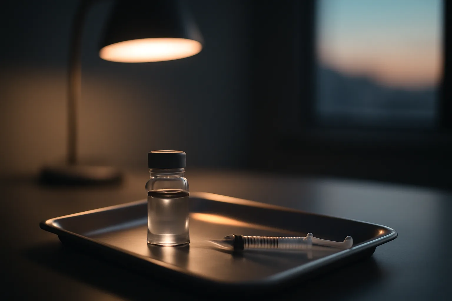 Vial and syringe on a steel tray, representing research into CJC-1295 in women