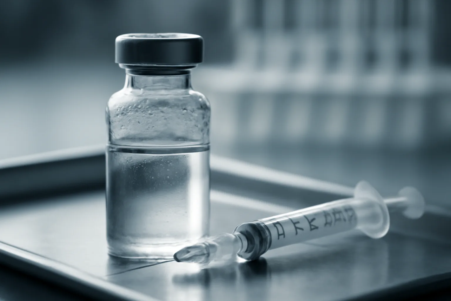Vial and syringe on steel tray illustrating CJC-1295 mechanism of action research setting