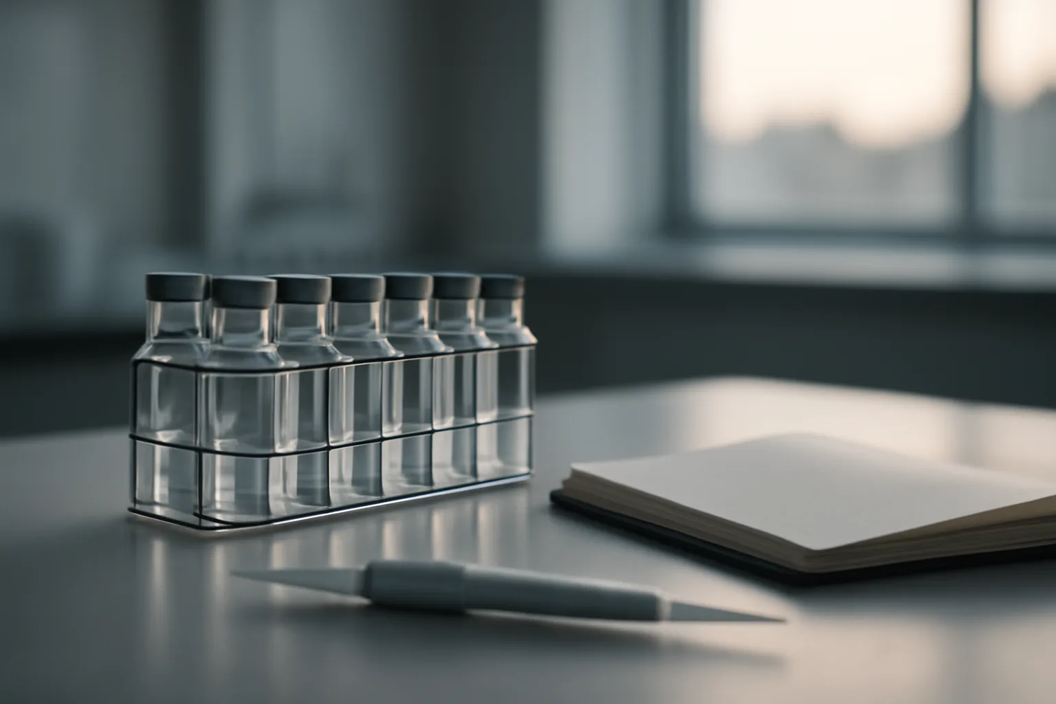 Lab vials and pipette on a bench, evoking CJC-1295 peptide research and results testing