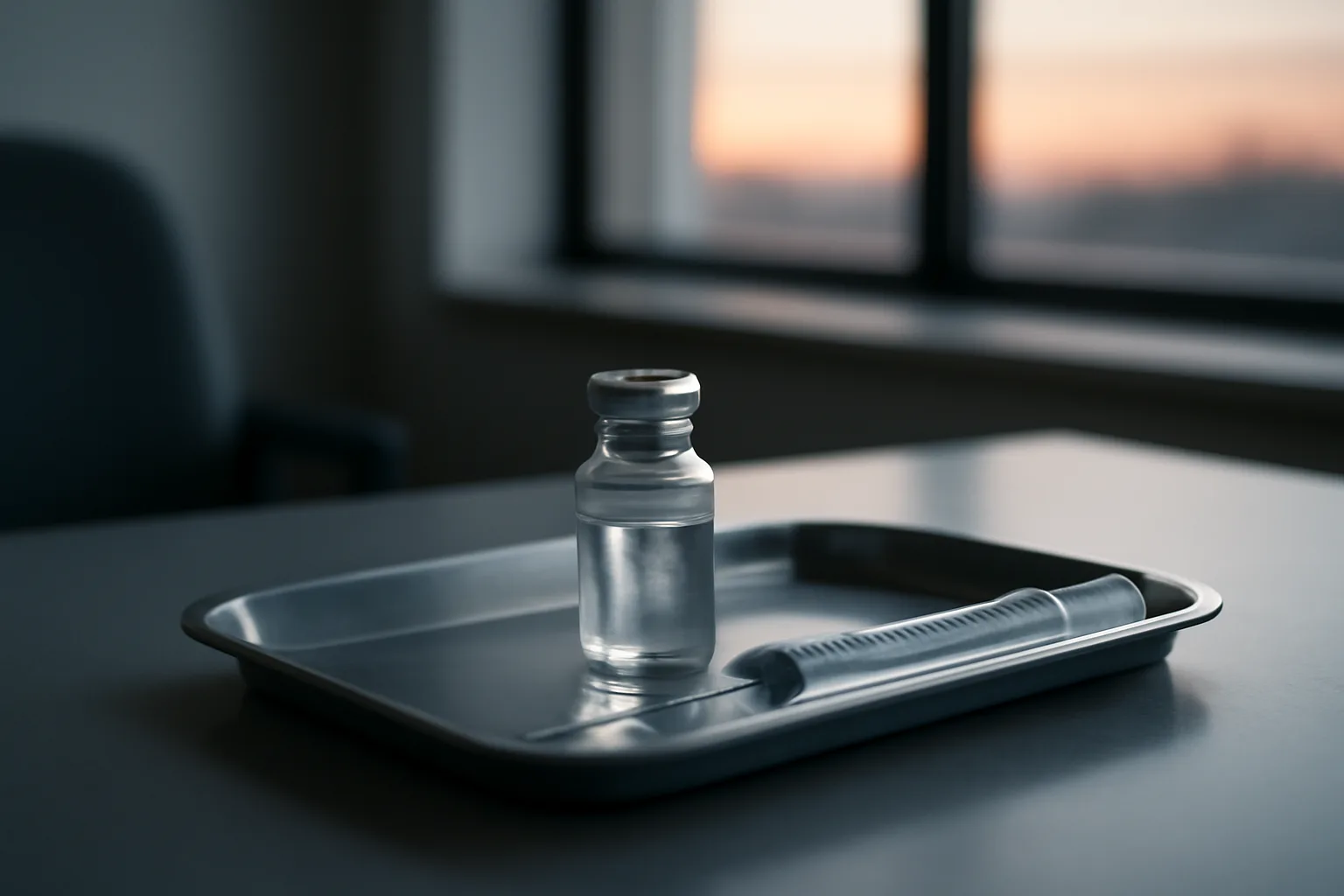 Vial and syringe on a steel tray representing CJC-1295 pros and cons discussion