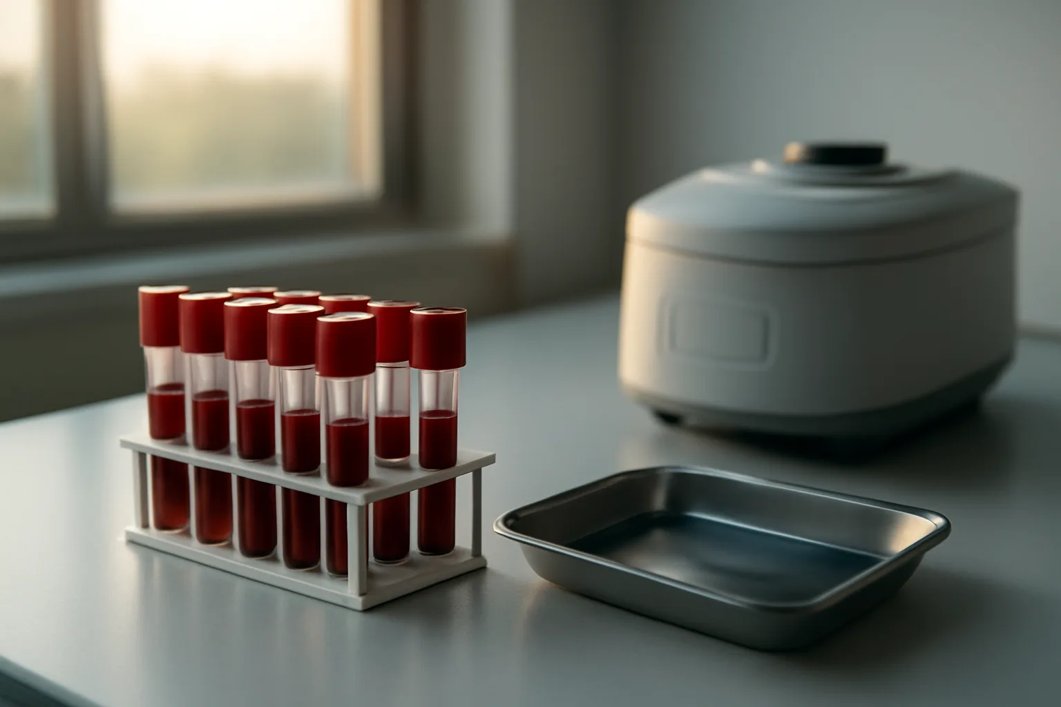 Lab vials and centrifuge on a bench, evoking hormone testing around CJC-1295 rebound effect questions