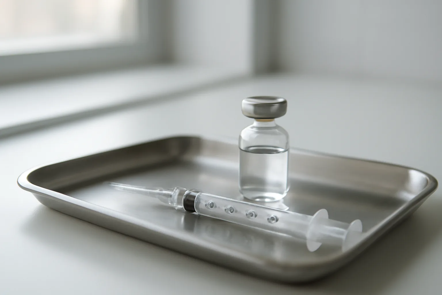 Vial and syringe on a stainless steel tray representing CJC-1295 research setting