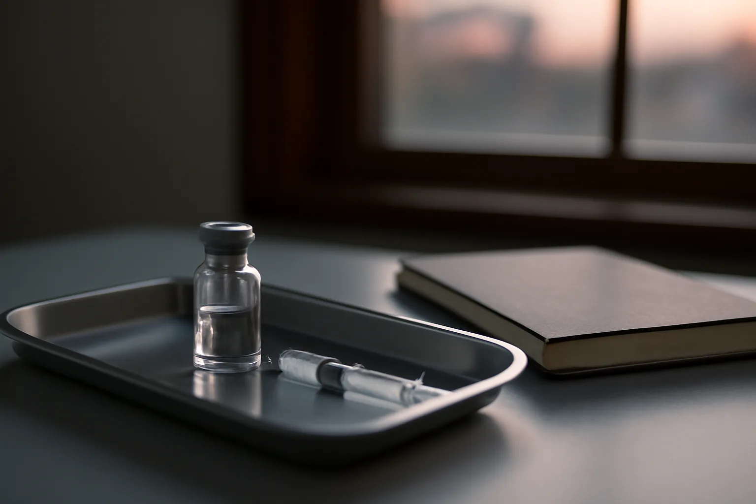 Vial and syringe on a steel tray, representing CJC-1295 peptide research and reviews