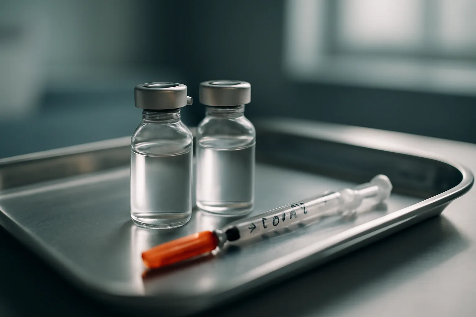 Two peptide vials and a syringe on a steel tray representing a CJC-1295 stack