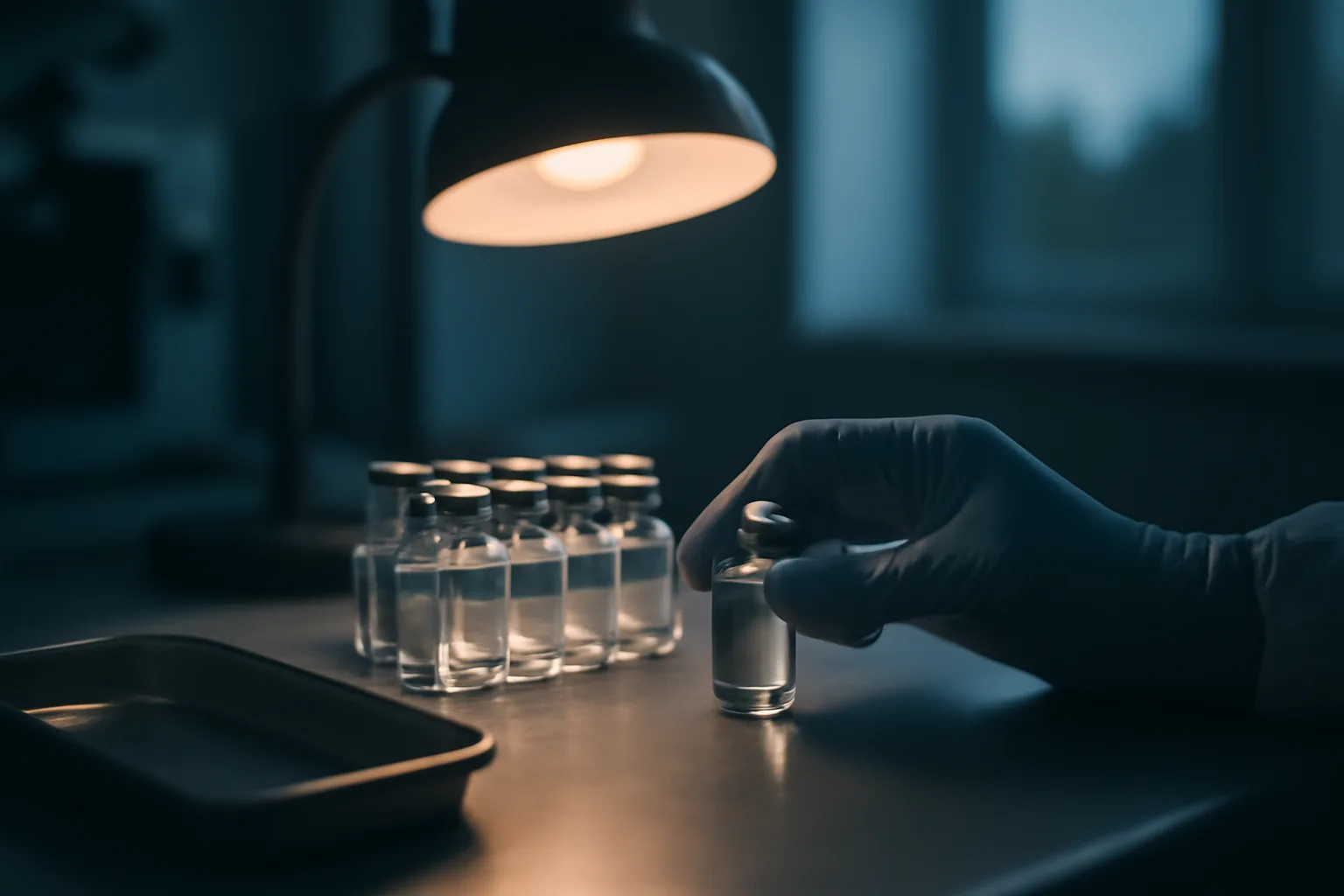 Gloved hand holding a research vial on a lab bench, representing CJC-1295 with DAC research