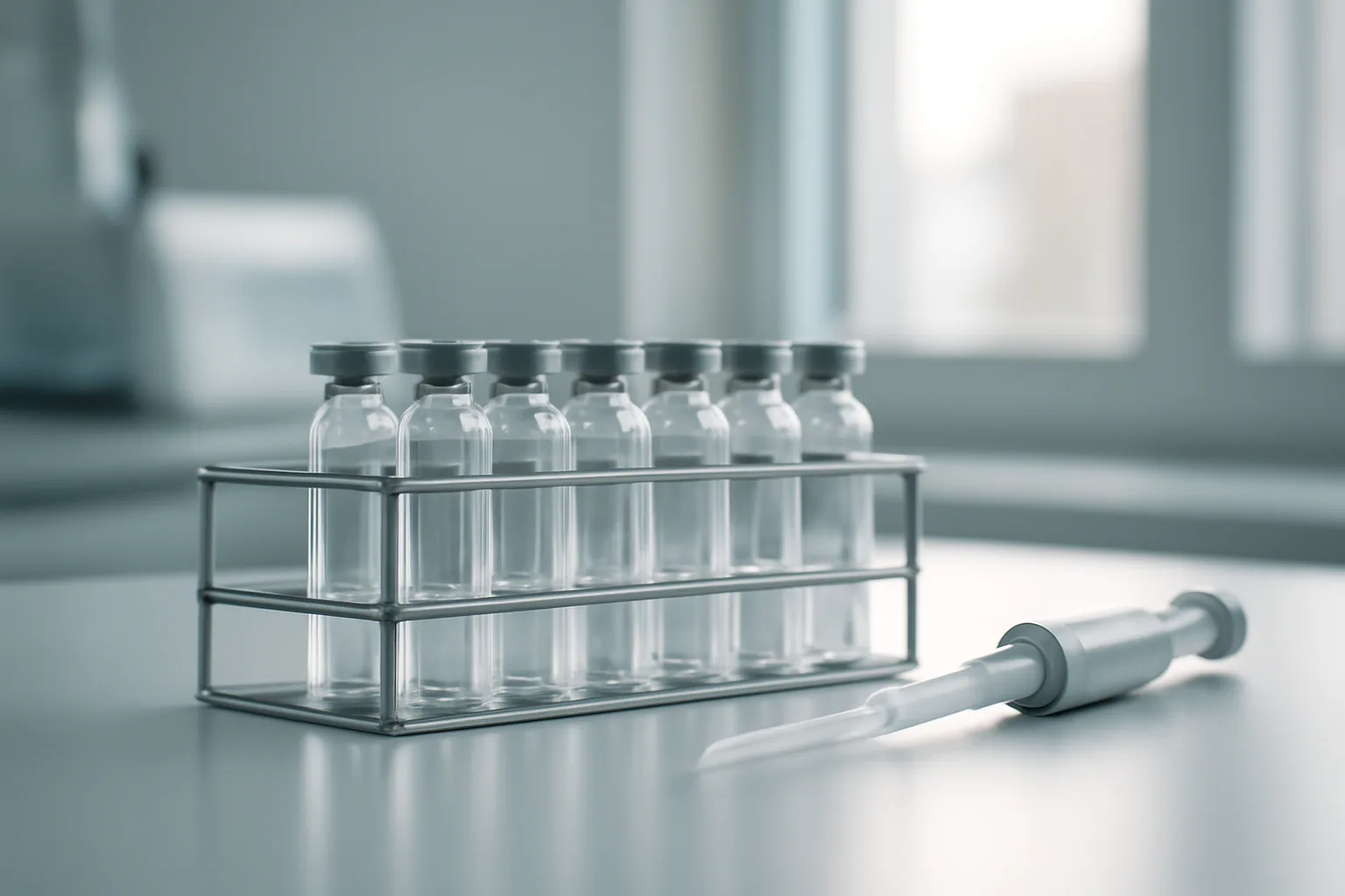 Lab vials and pipette on a bench, representing CJC-1295 peptide research setting