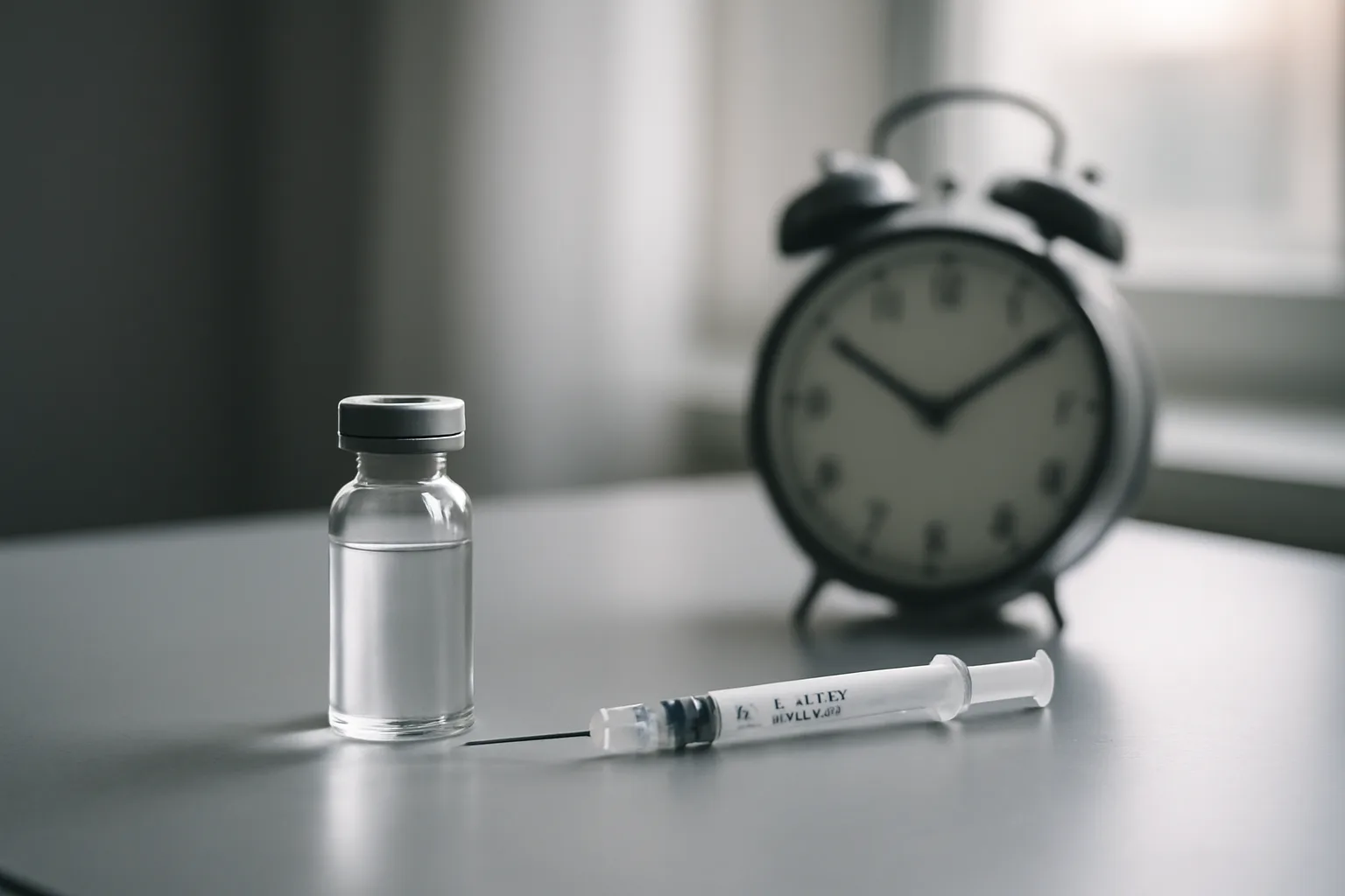 Vial, syringe, and clock on a desk suggesting the CJC-1295 dosing timeline