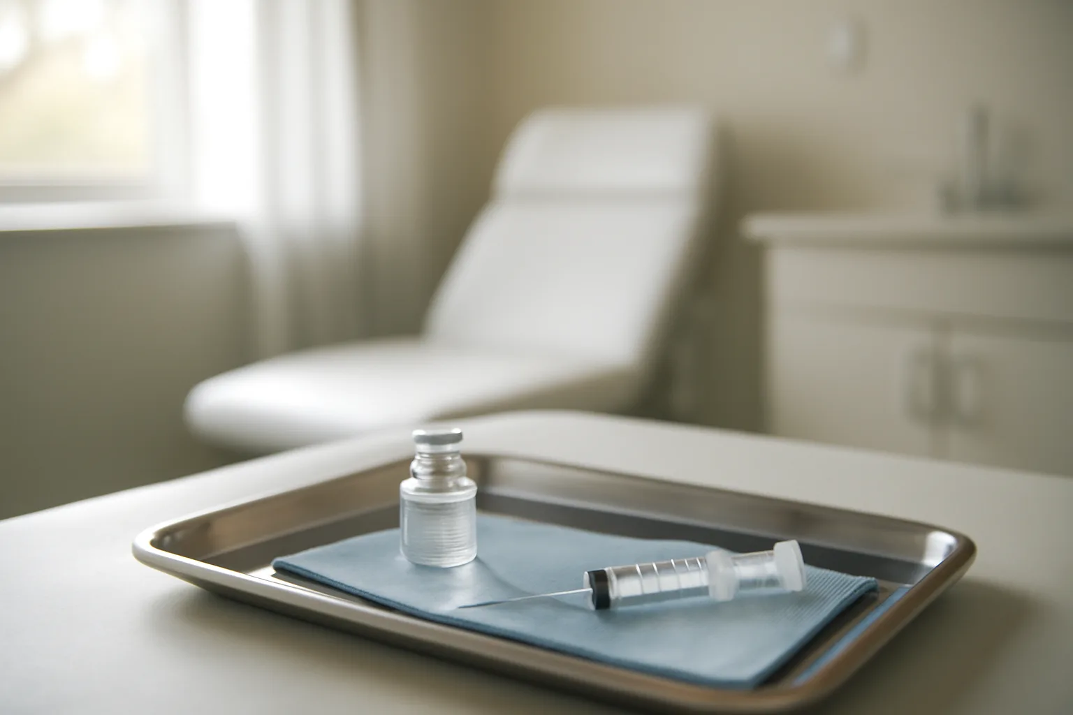 Vial and syringe on a tray in a clinic room, evoking cjc-1295 buyer decision context