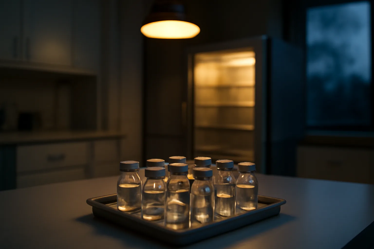 Pharmacy vials in a metal tray, representing CJC-1295 peptide alternatives