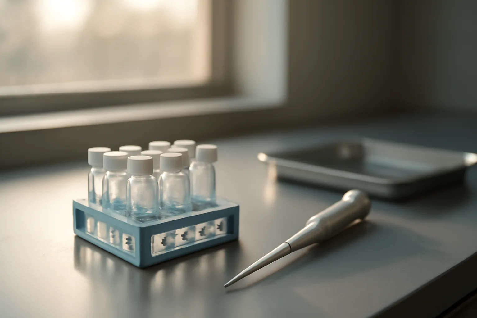 Lab bench with glass vials and pipette, illustrating CJC-1295 research pharmacology setting