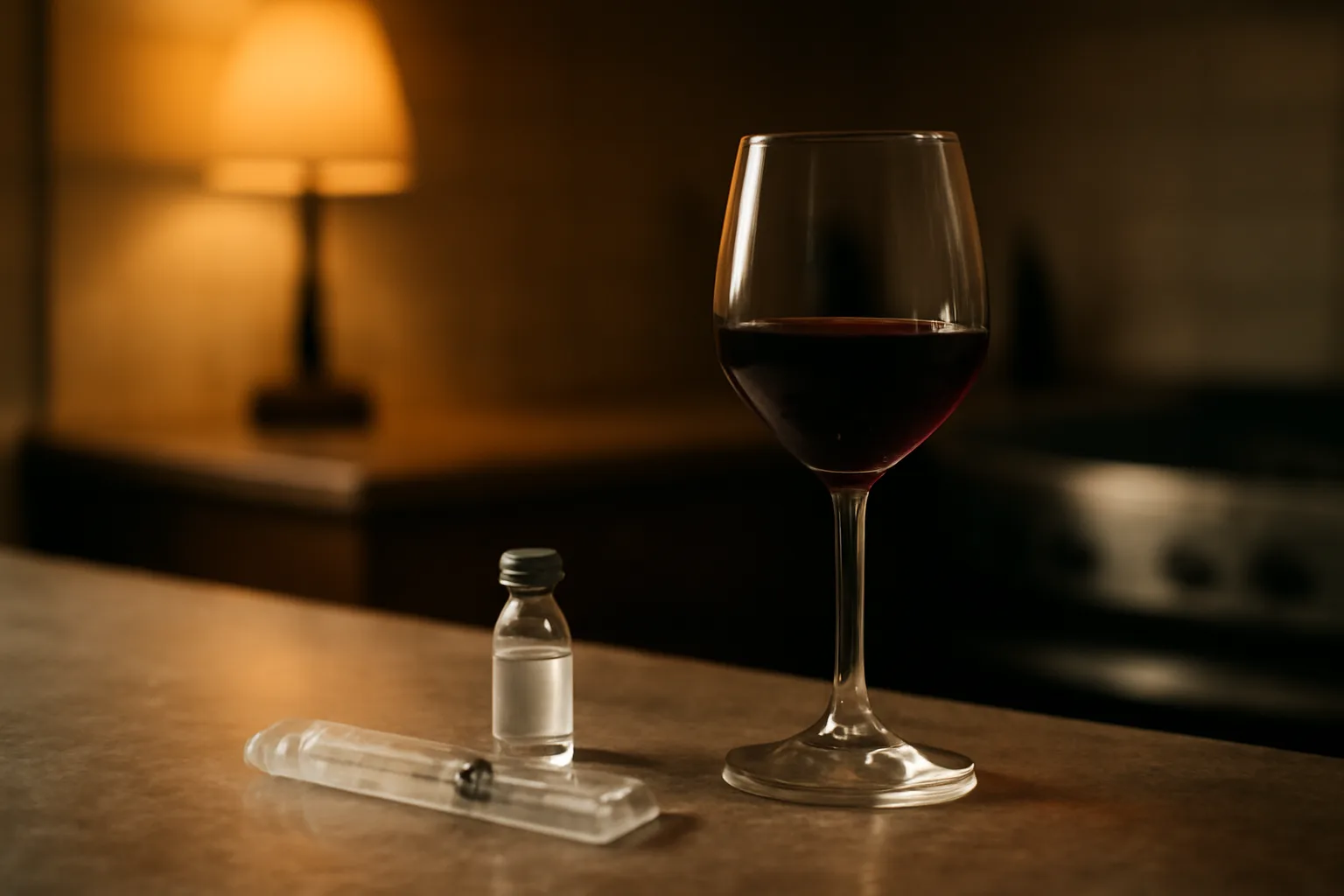 Wine glass beside injection vial on a kitchen counter at night