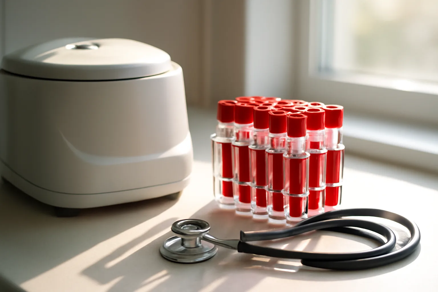 Lab blood collection tubes and centrifuge on a countertop for CJC-1295 monitoring