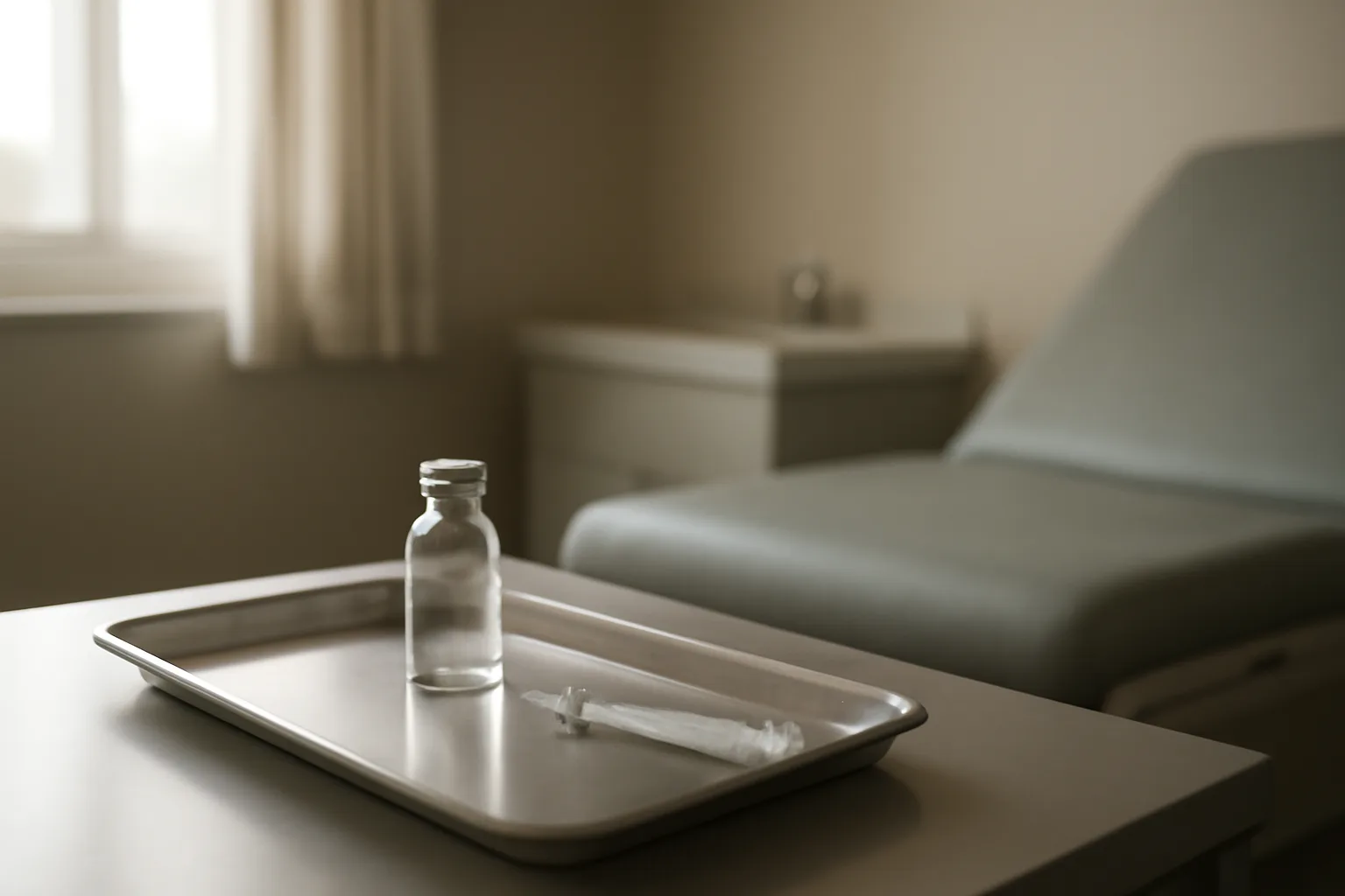 Empty vial and syringe on a clinical tray beside a prenatal folder, unused