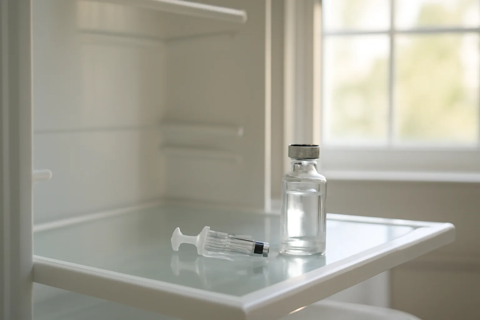 Refrigerated vial and syringe on a shelf, illustrating CJC-1295 common mistakes around storage