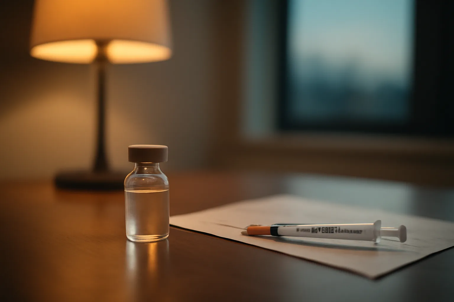 Vial and syringe beside a medication list on a clinician's desk, representing CJC-1295 drug interactions