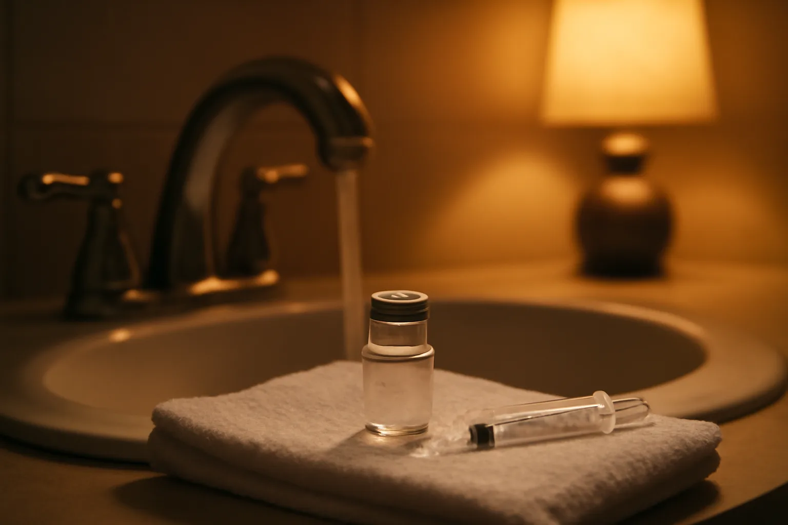 Vial and syringe on a bathroom counter at night, illustrating CJC-1295 storage and injection routine